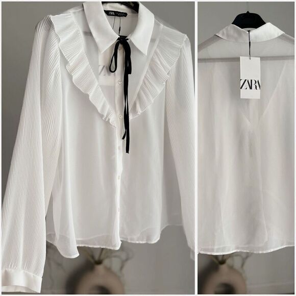 ZARA CONTRAST BOW SHIRT WHITE SHEER LARGE NWT - Picture 1 of 4